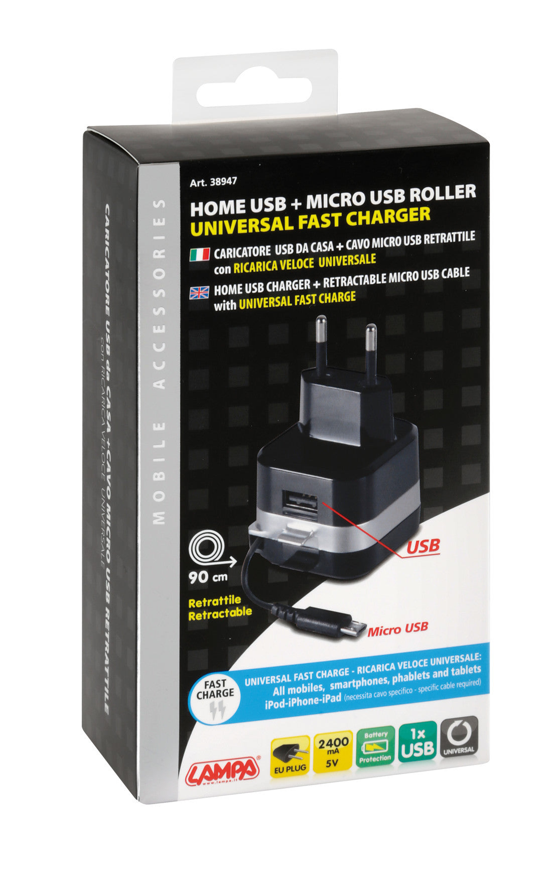 Caricabatteria da rete Micro Usb con 1 porta Usb - Fast Charge - 2400 mA - 100/230V