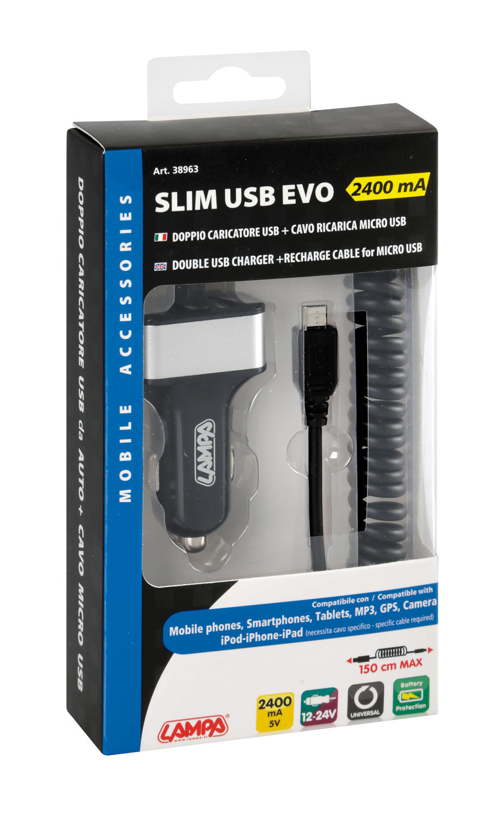 Caricabatteria Micro Usb con 2 porte Usb - 2400 mA - 12/24V