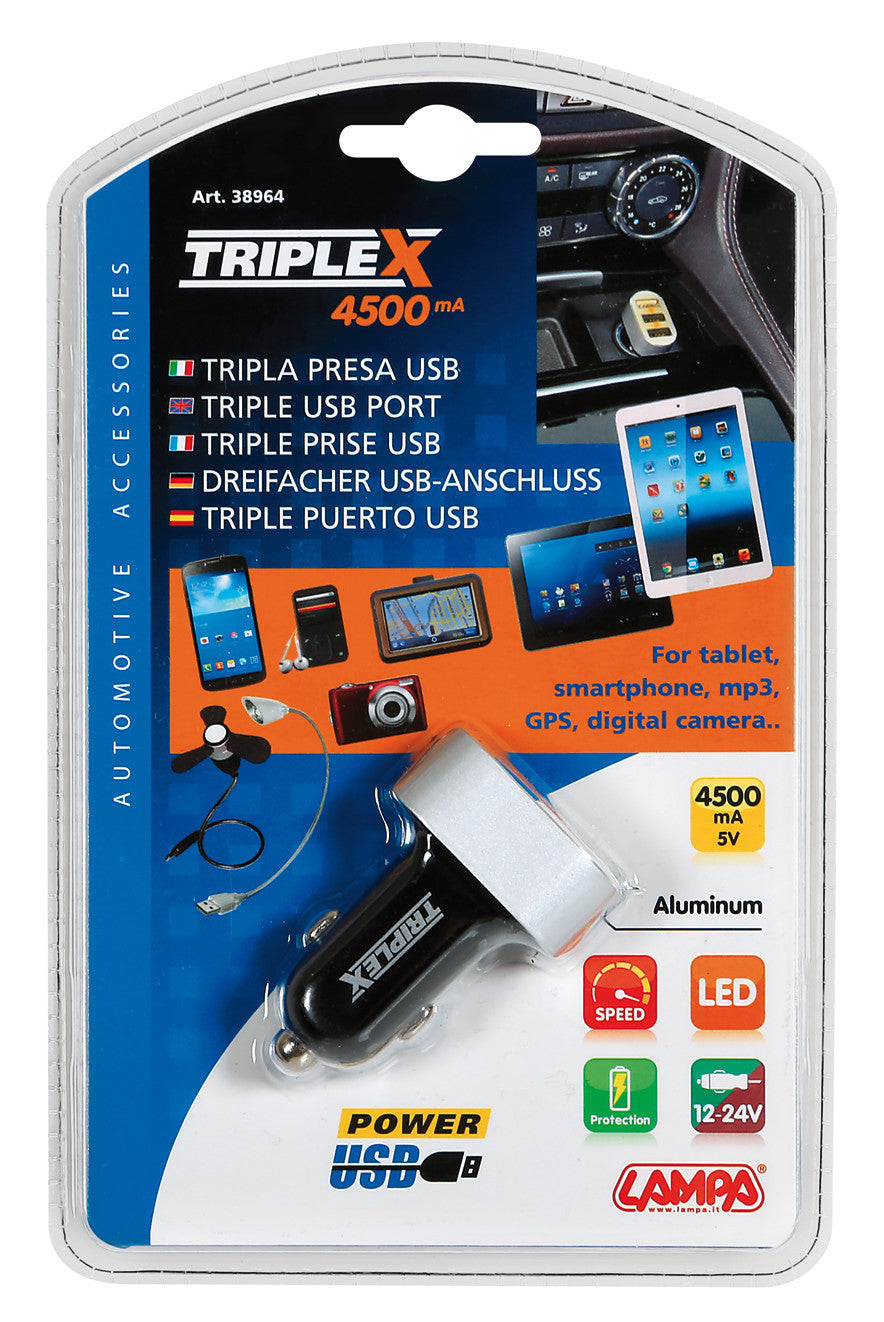 Caricabatteria 3 porte Usb - 4500 mA - 12/24V