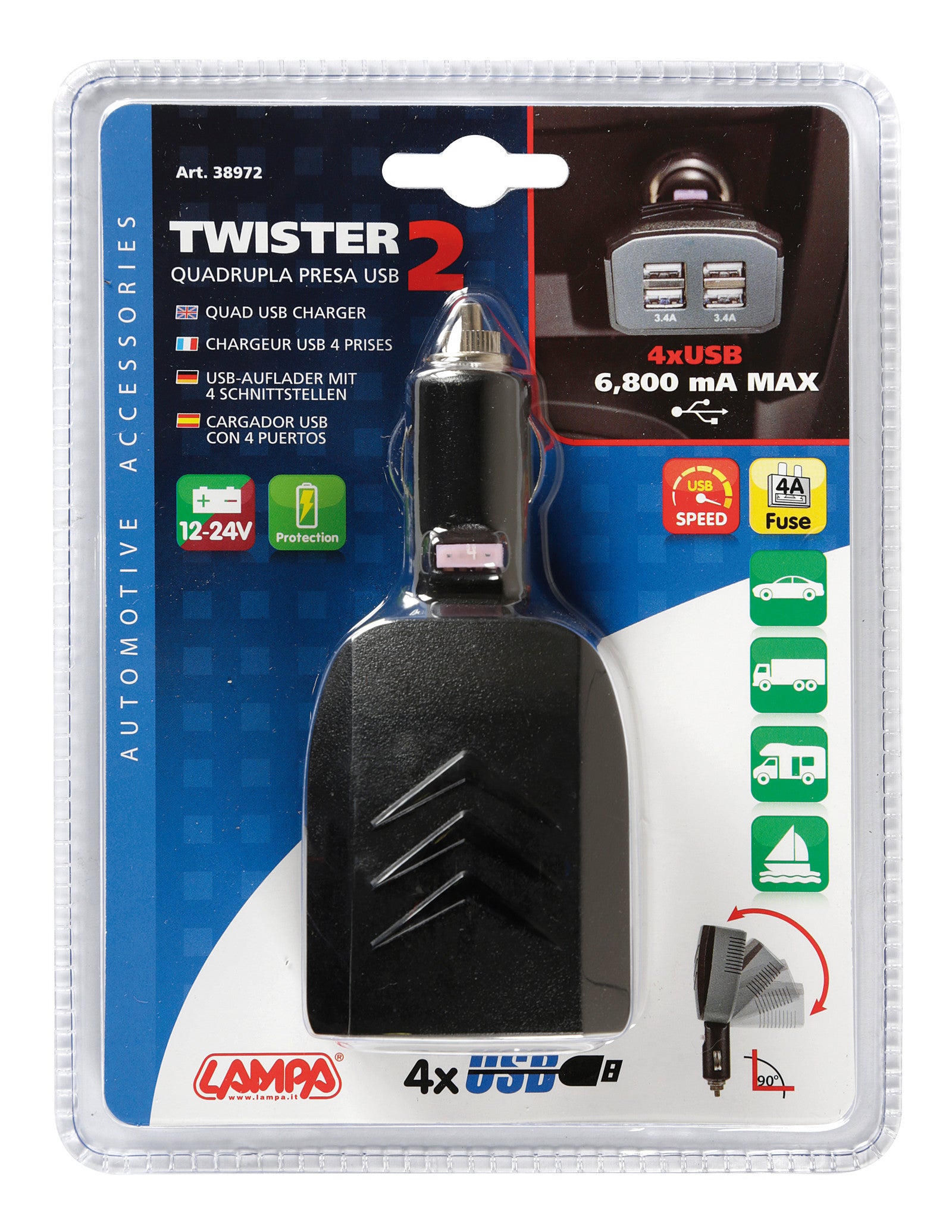 Caricabatteria 4 porte Usb - 6800 mA - 12/24V