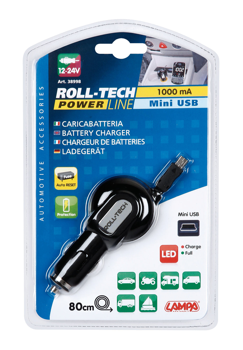 Roll-Tech, caricabatteria Mini Usb - 1000 mA - 12/24V