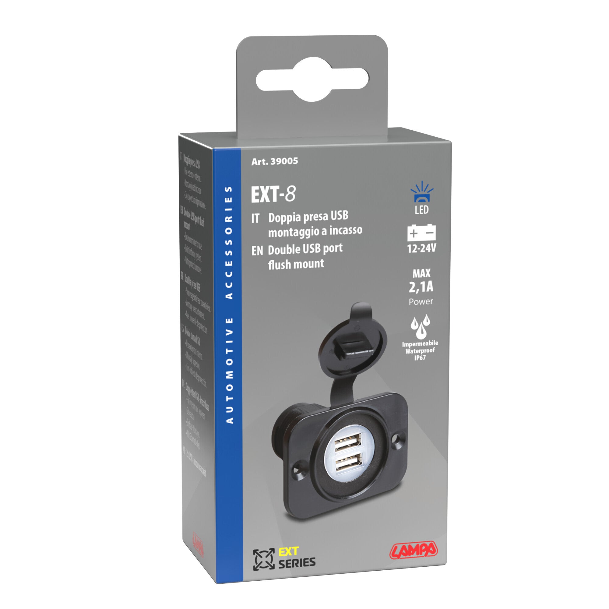 Ext-8, doppia presa Usb, montaggio ad incasso, 12/24V