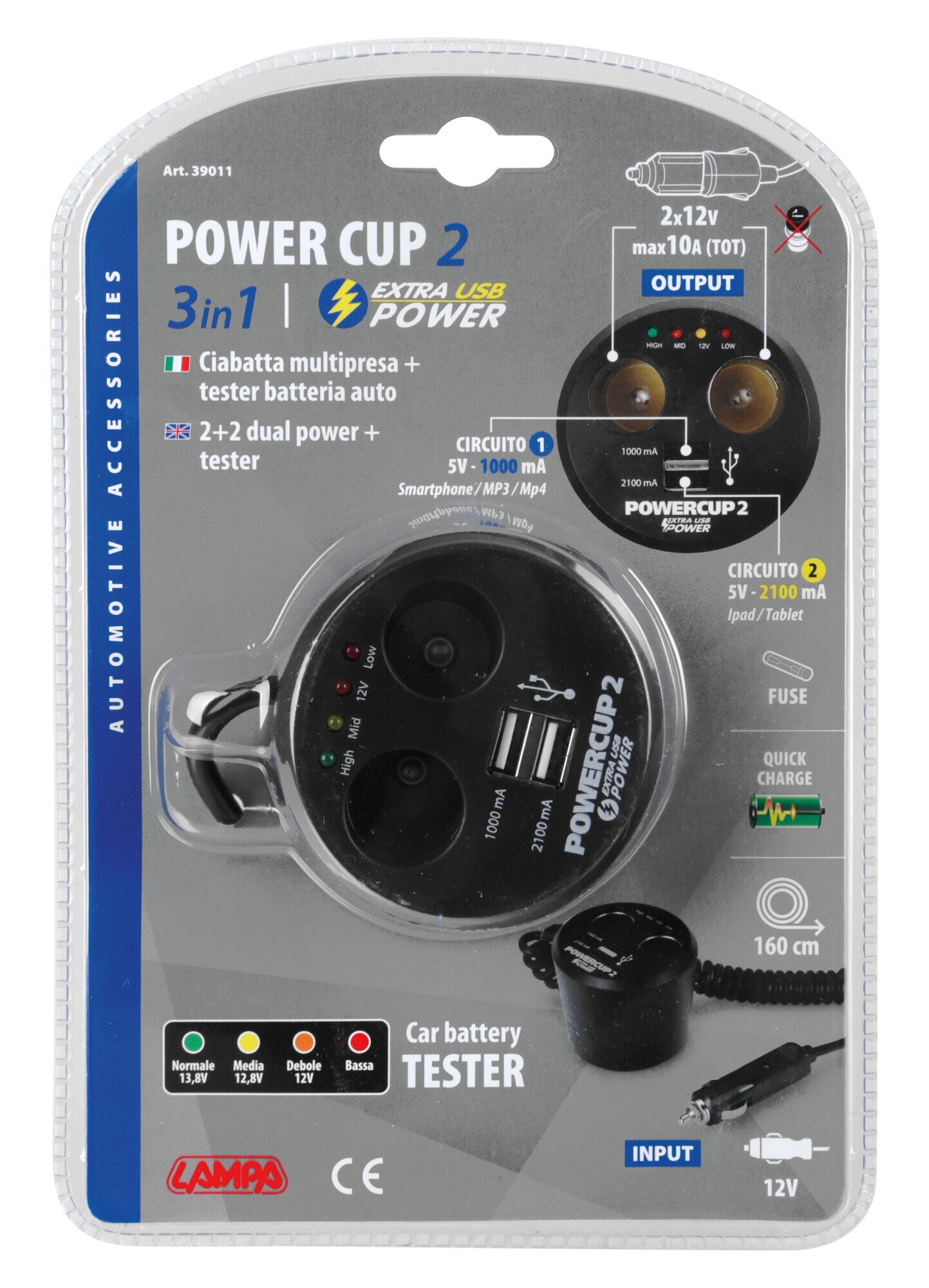 Power cup 2, multipresa con Usb e tester batteria, 12V
