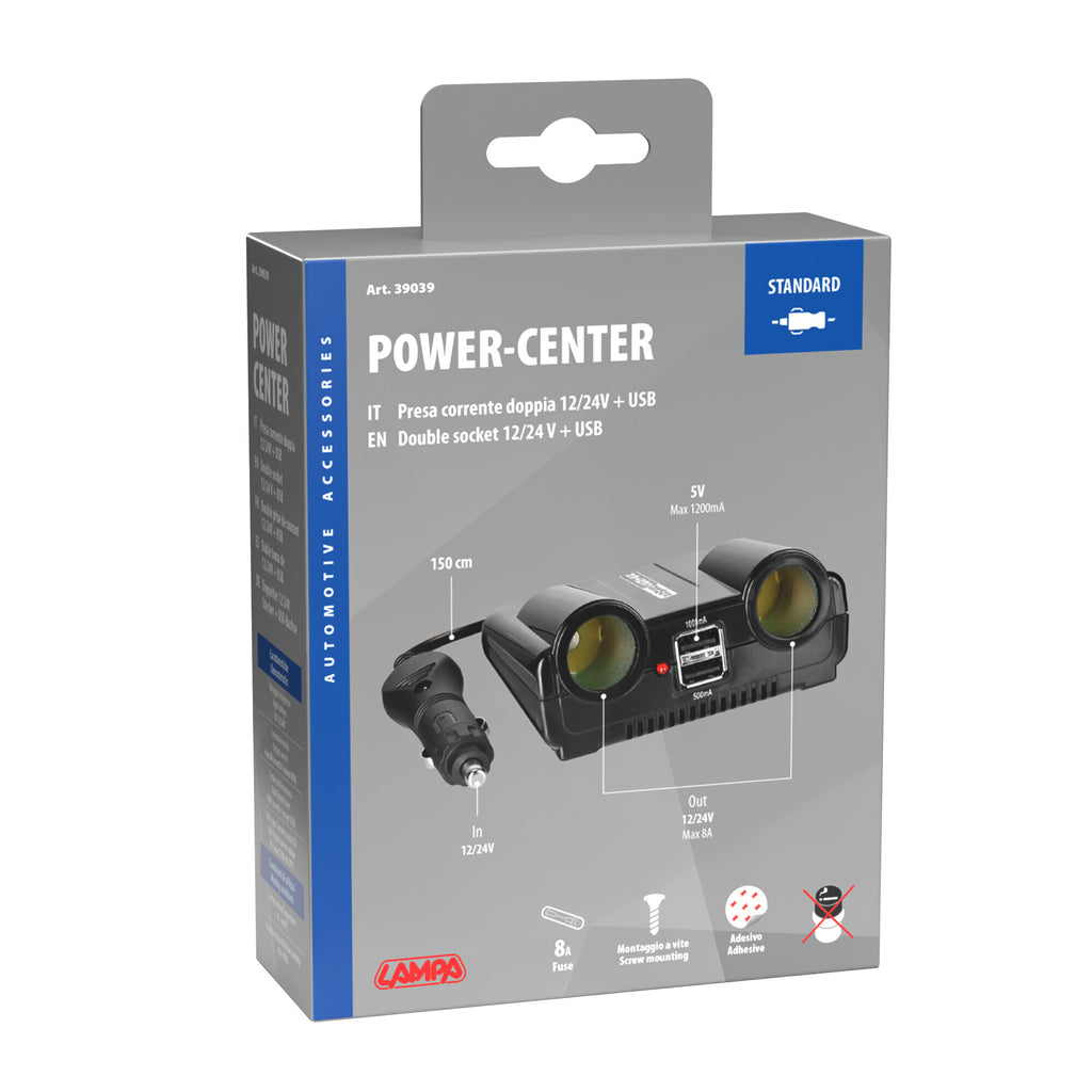 Power Center, presa corrente doppia con USB, 12/24V