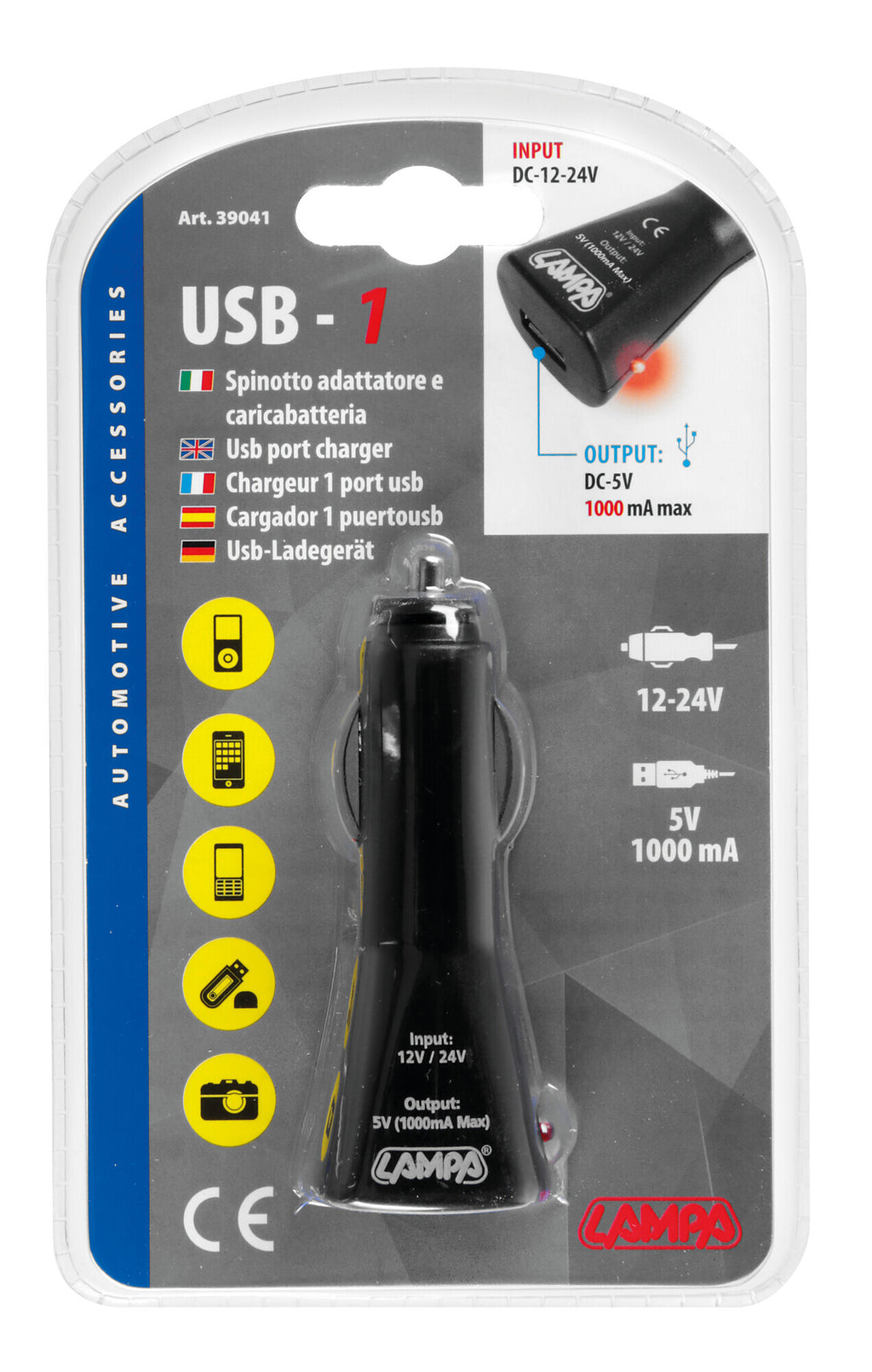 Caricabatteria 1 porta Usb - 1000 mA - 12/24V