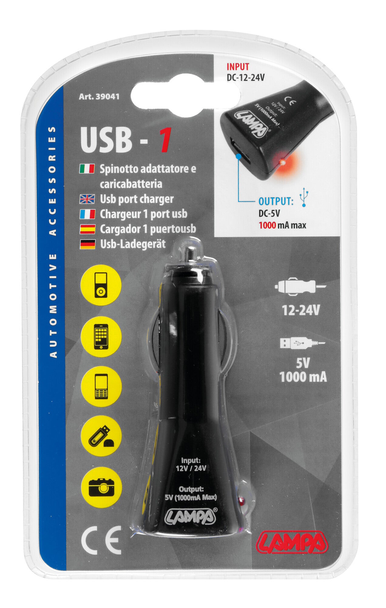 Caricabatteria 1 porta Usb - 1000 mA - 12/24V