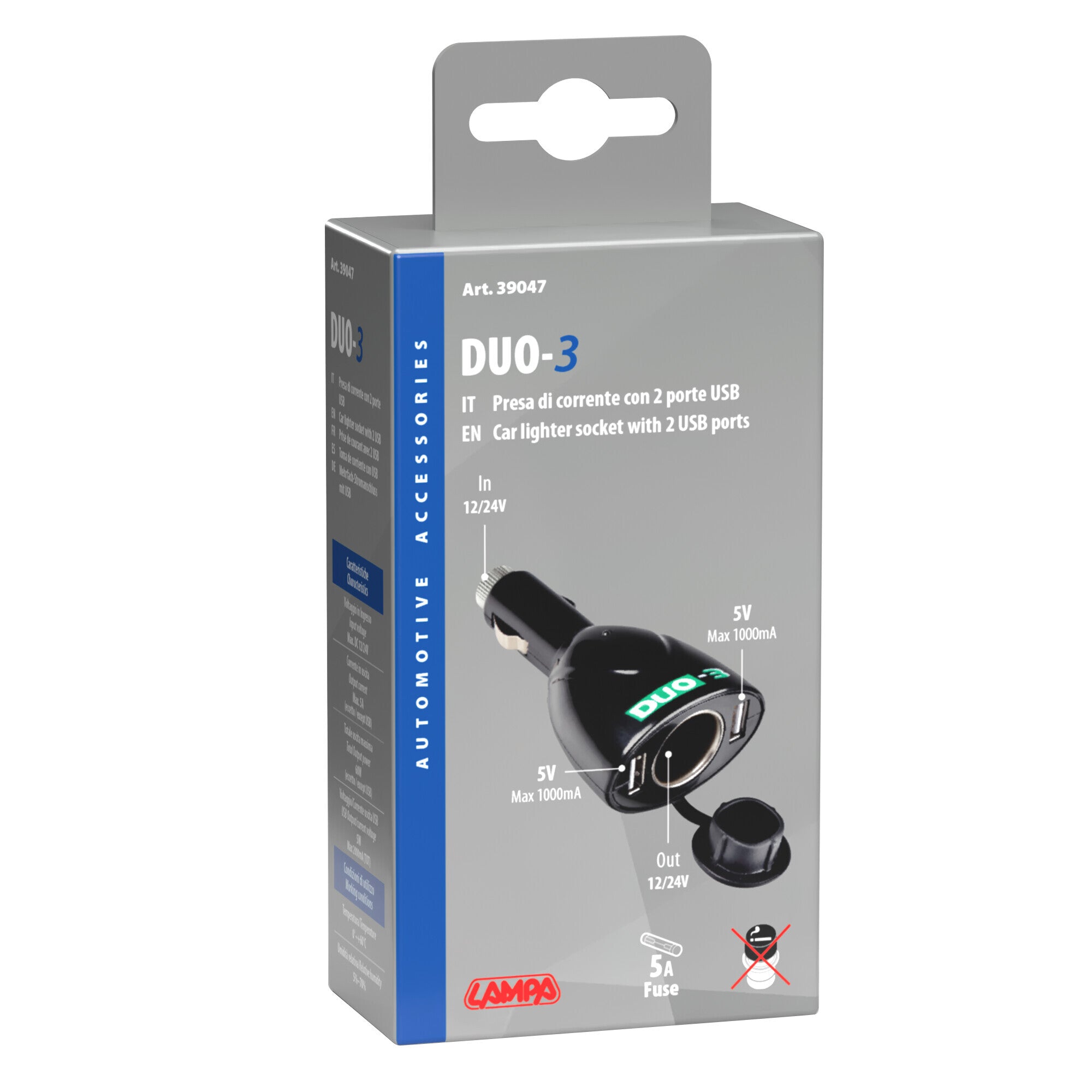Duo-3, presa corrente con USB, 12/24V