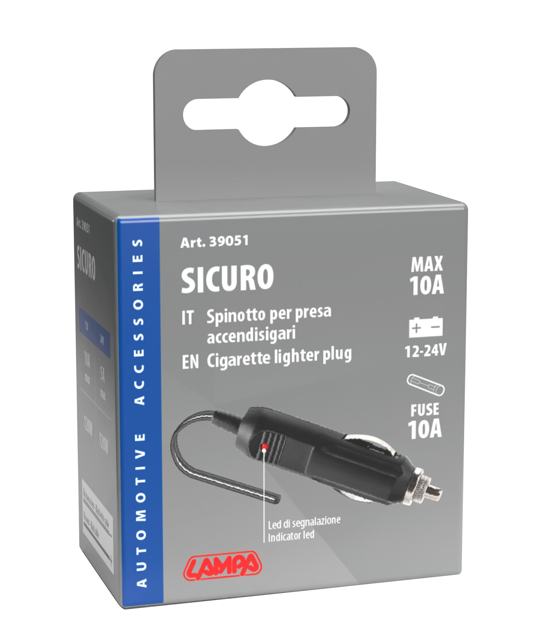 Sicuro, spinotto per presa accendisigari 12/24V