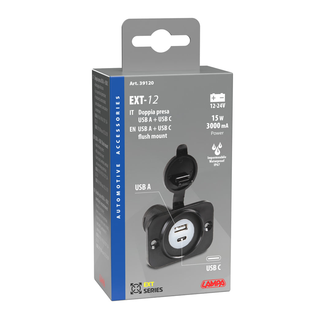 Ext-12, doppia presa Usb A + Usb C, montaggio ad incasso, 12/24V