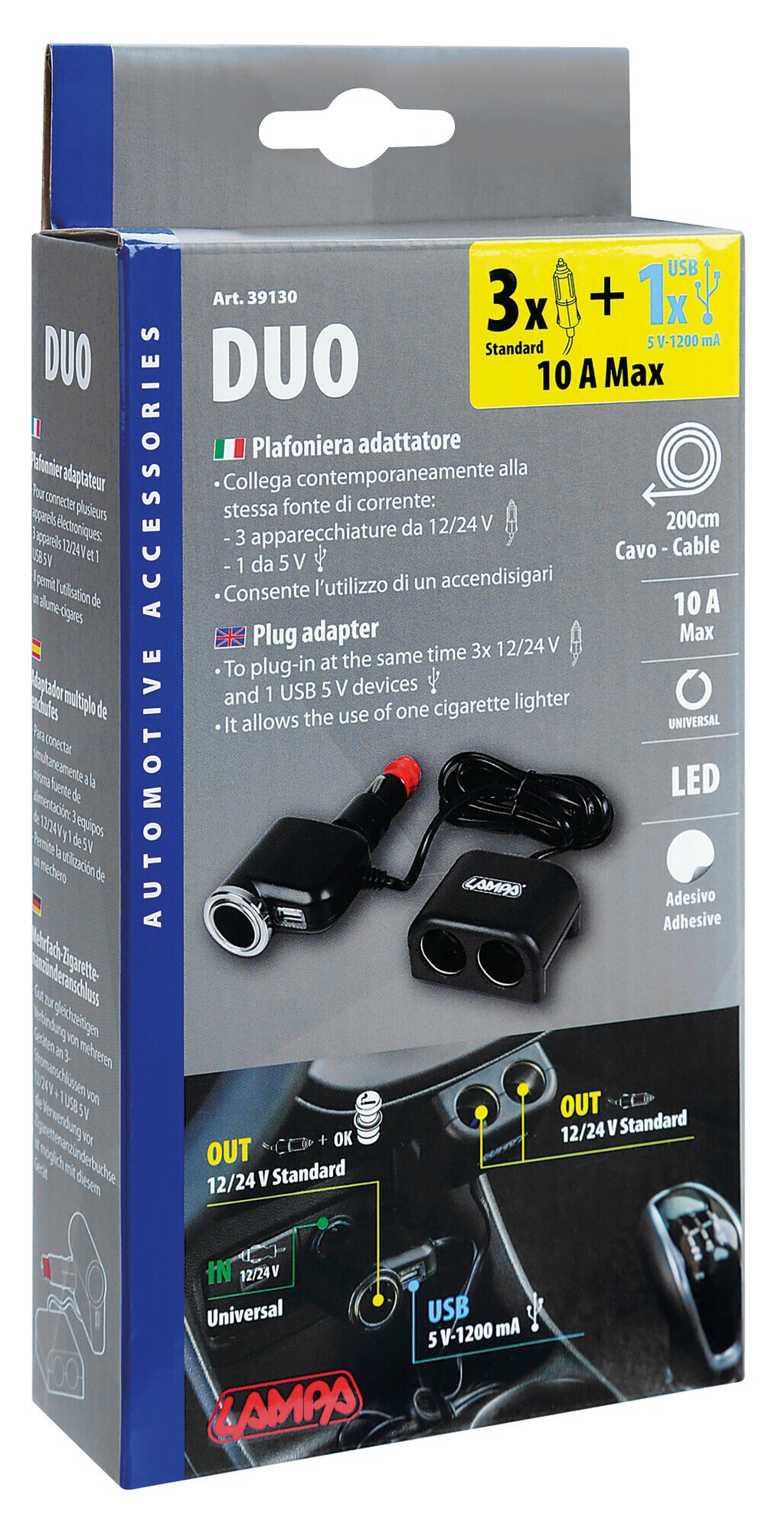 Duo 3+1, presa accendisigari multipla con USB, 12/24V