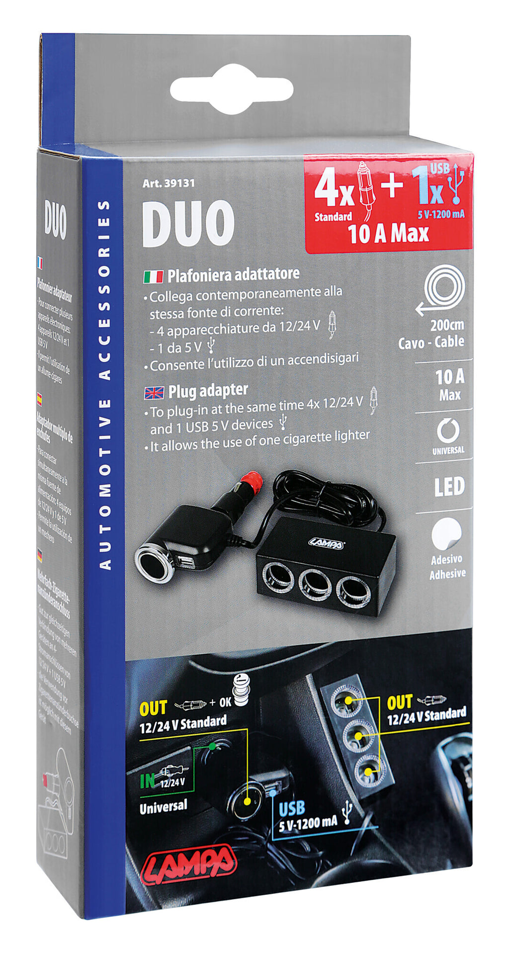 Duo 4+1, presa accendisigari multipla con USB, 12/24V
