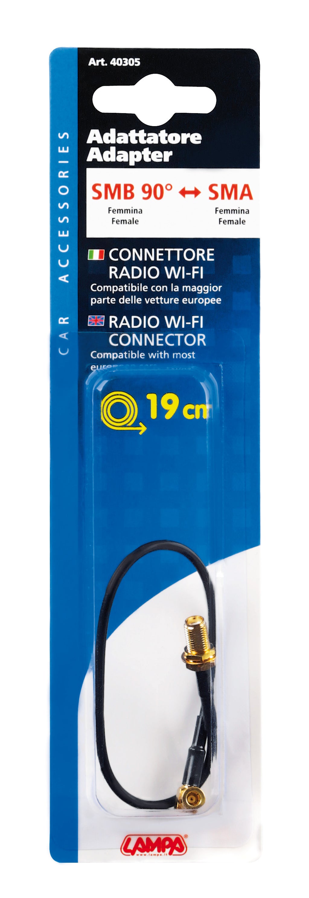 Adattatore antenna SMB 90° femmina>Sma femmina - 19 cm