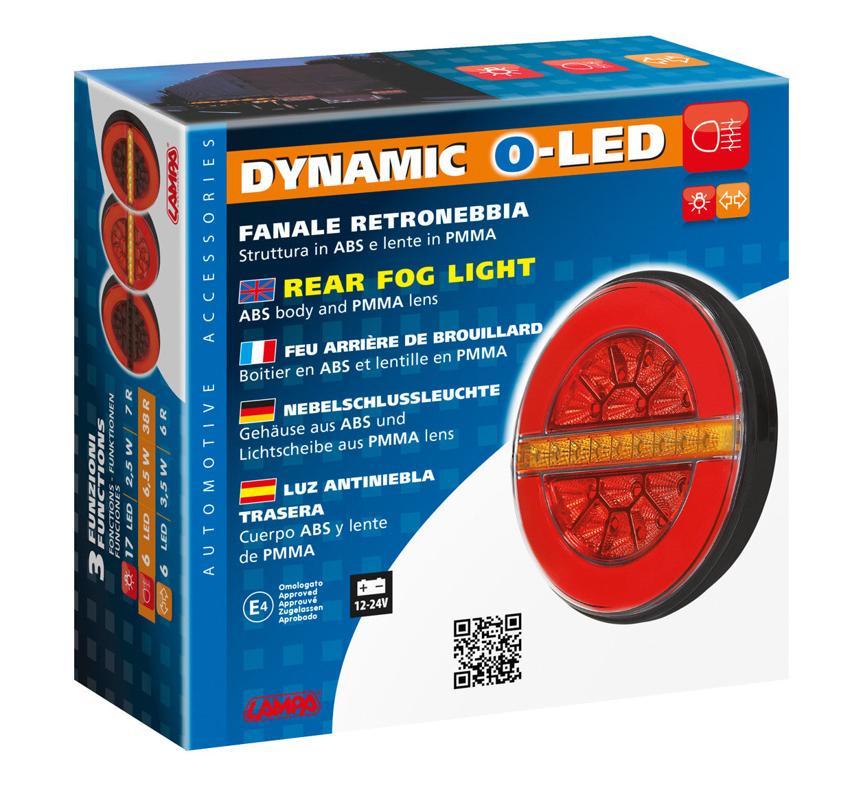 Dynamic O-Led, Fanale retronebbia, 3 funzioni, 12/24V - Destro