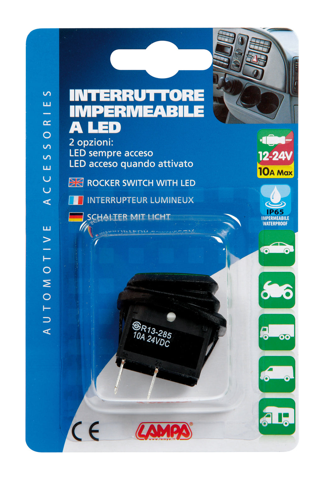 Interruttore impermeabile con spia a Led - 12/24V - Verde
