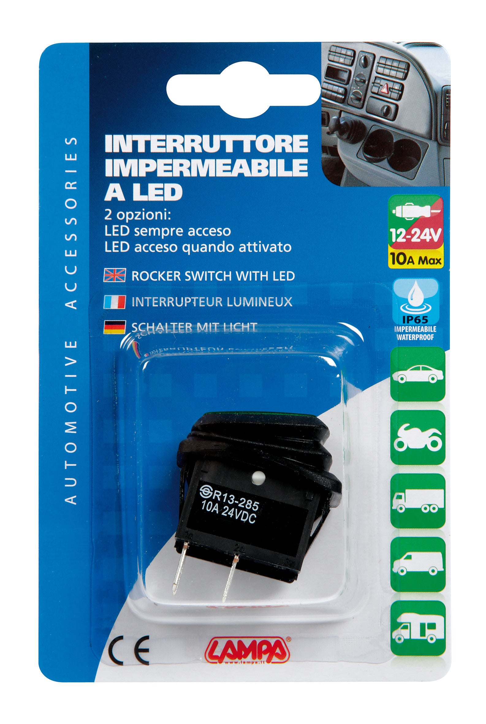 Interruttore impermeabile con spia a Led - 12/24V - Verde