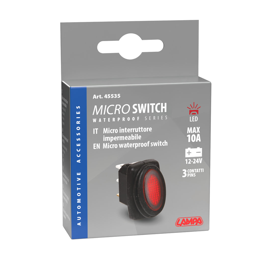 Micro interruttore impermeabile con spia a Led - 12/24V - Rosso