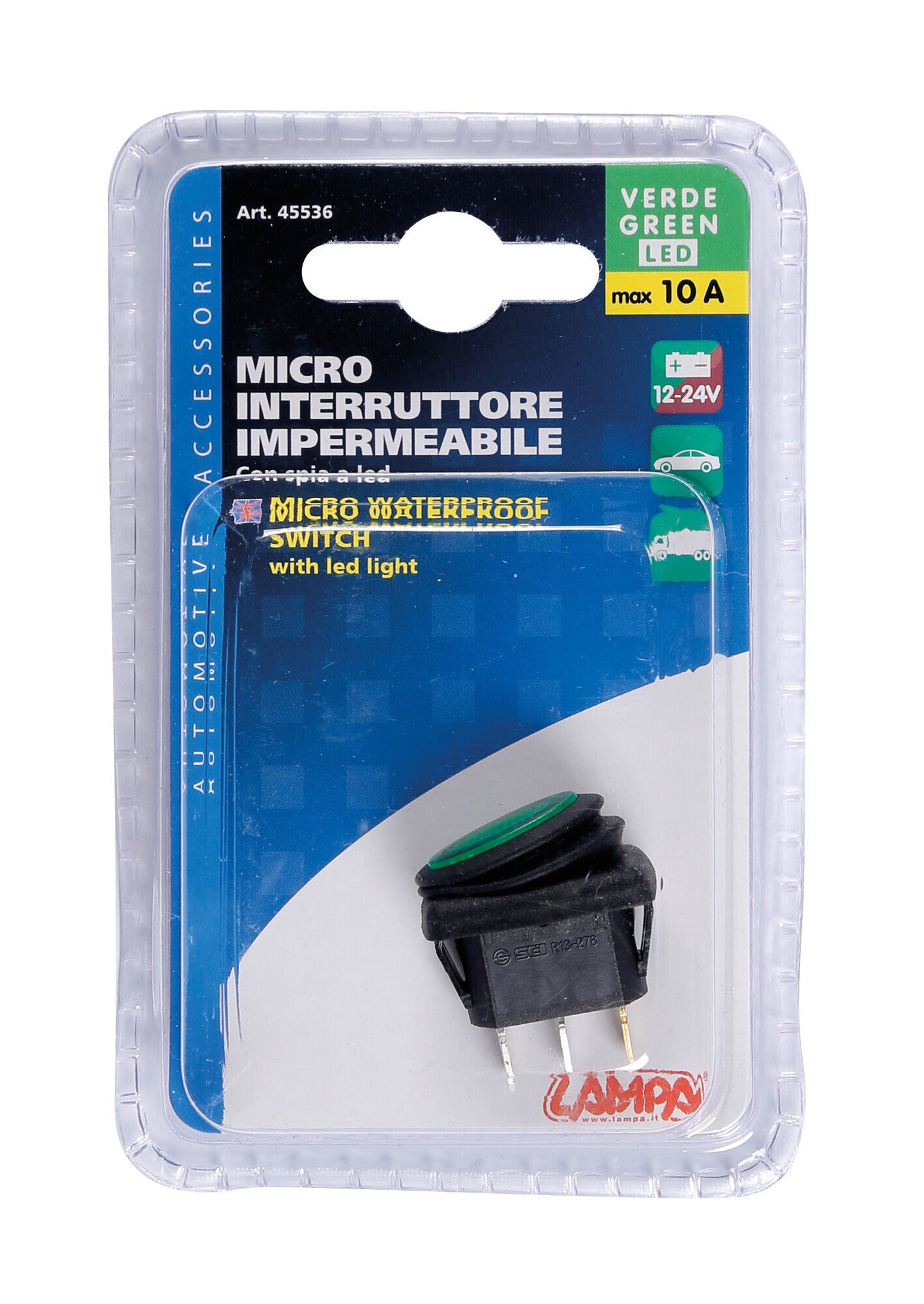 Micro interruttore impermeabile con spia a Led - 12/24V - Verde