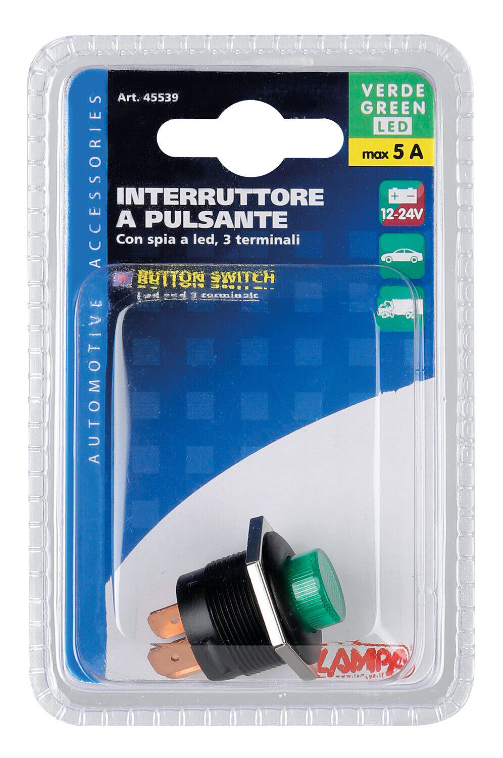 Interruttore a pulsante con spia a Led - 12/24V - Verde