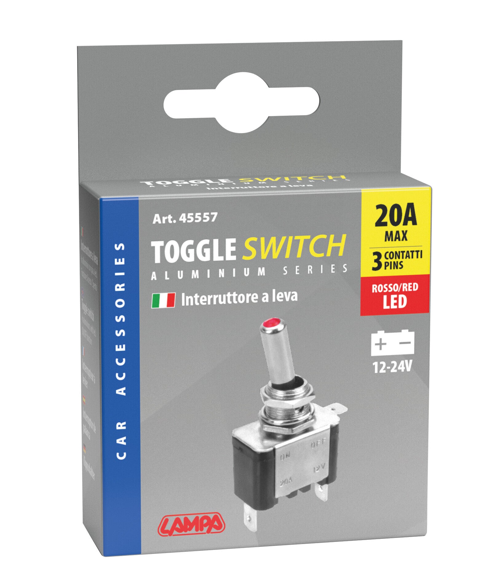 Interruttore a leva, in alluminio con spia a Led - 12/24V - Rosso - 20A