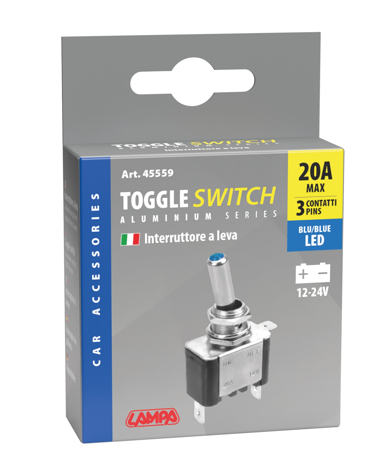 Interruttore a leva, in alluminio con spia a Led - 12/24V - Blu - 20A