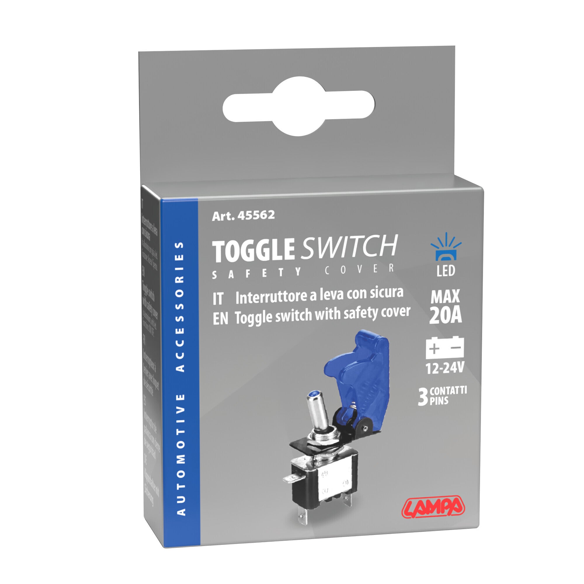 Interruttore a leva con sicura, in alluminio con spia a Led - 12/24V - Blu - 20A