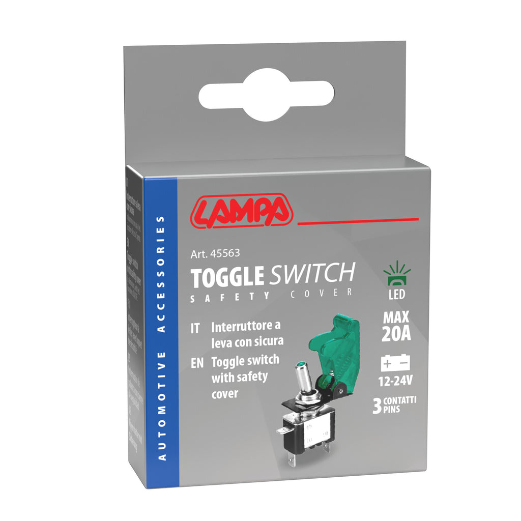 Interruttore a leva con sicura, in alluminio con spia a Led - 12/24V - Verde - 20A
