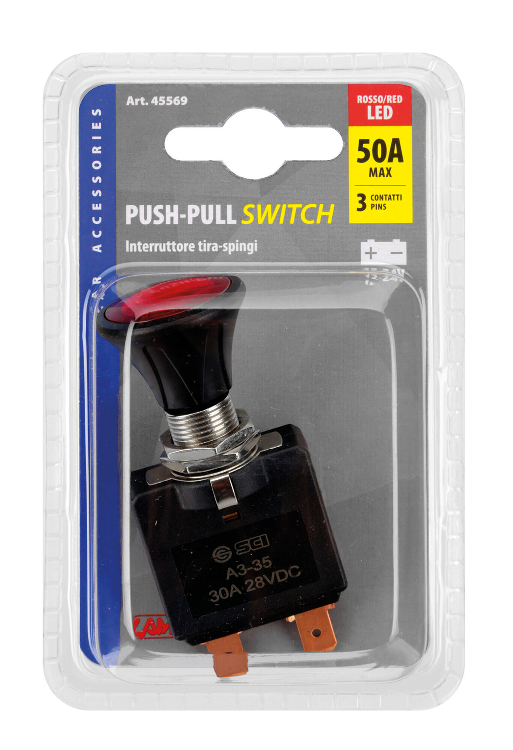Interruttore tira-spingi con spia a Led - 12/24V - 50A