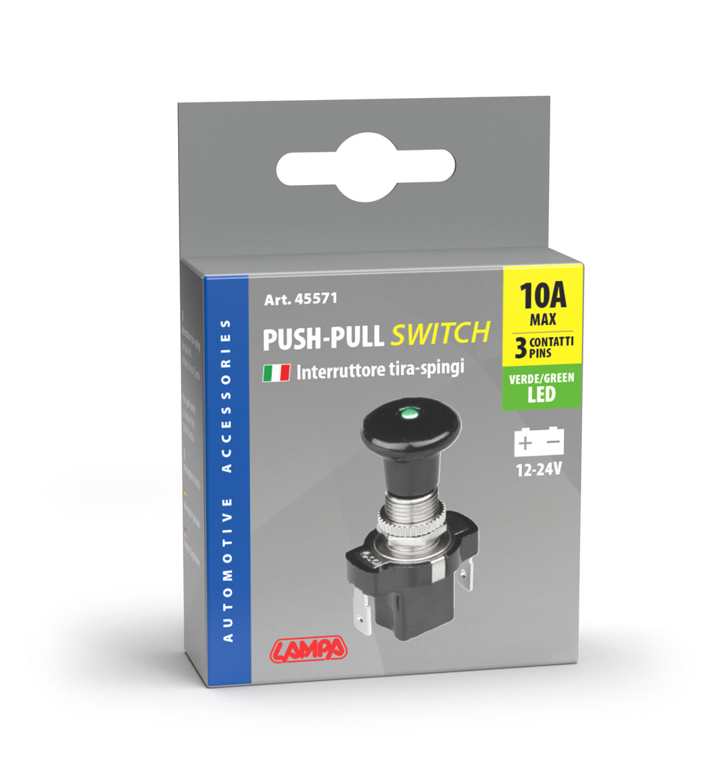 Interruttore tira-spingi con spia a Led - 12/24V - Verde - 10A