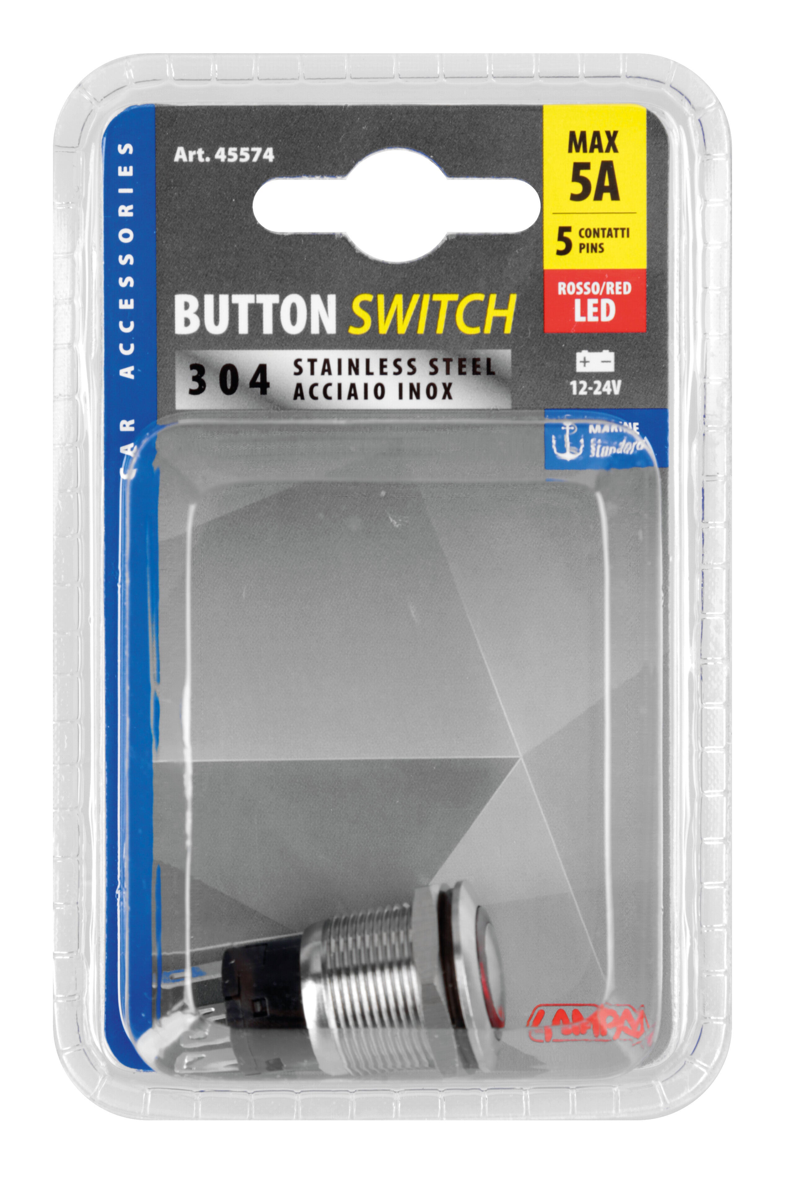 Interruttore a pulsante con spia a Led, 12/24V - Rosso