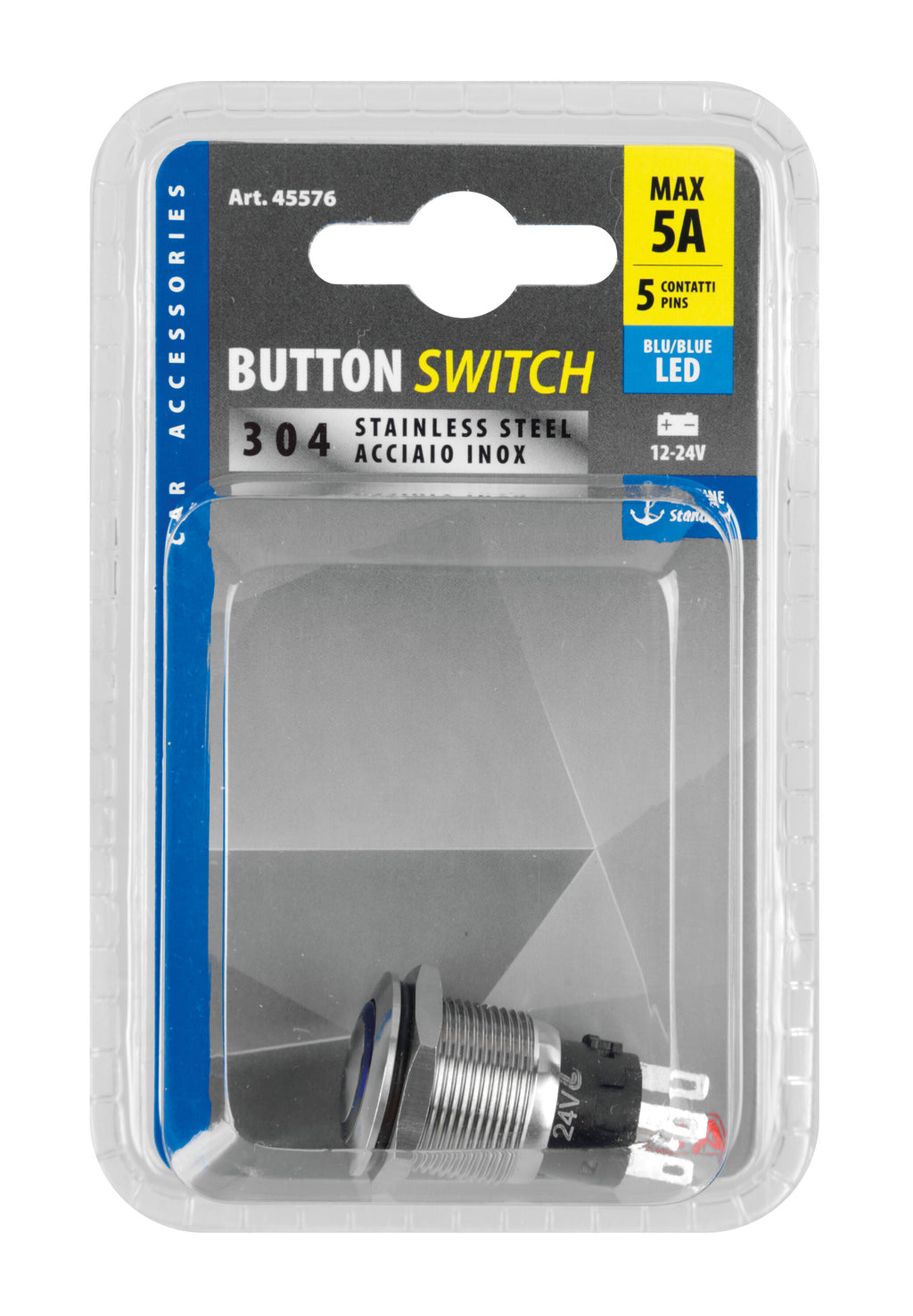 Interruttore a pulsante con spia a Led, 12/24V - Blu