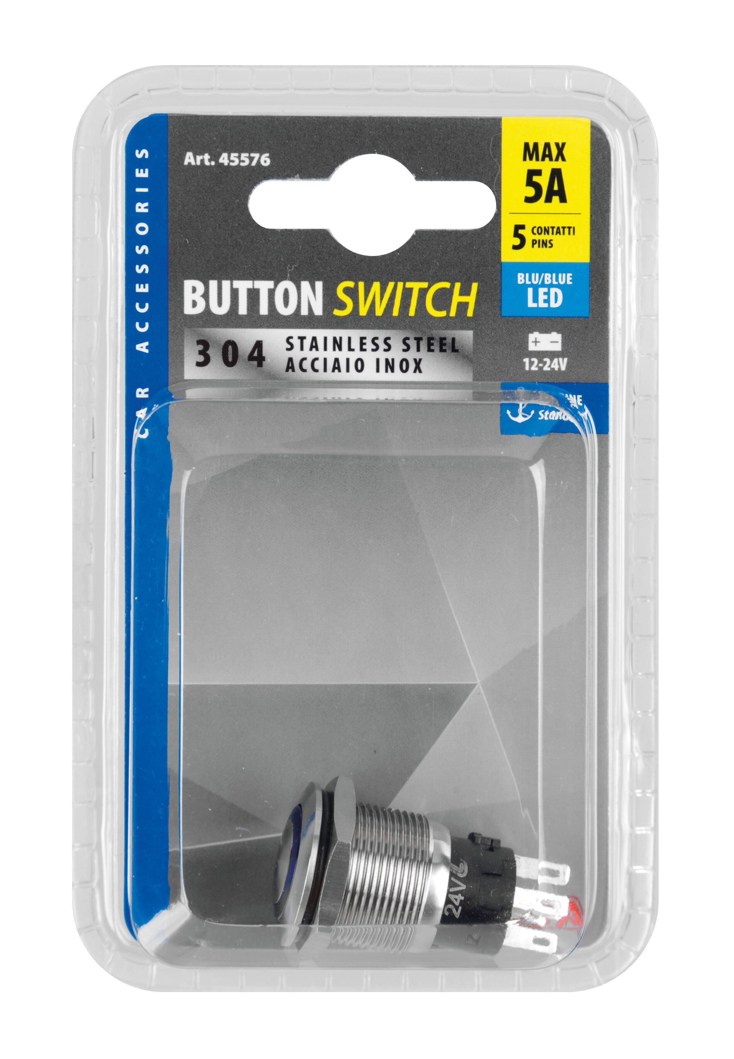 Interruttore a pulsante con spia a Led, 12/24V - Blu