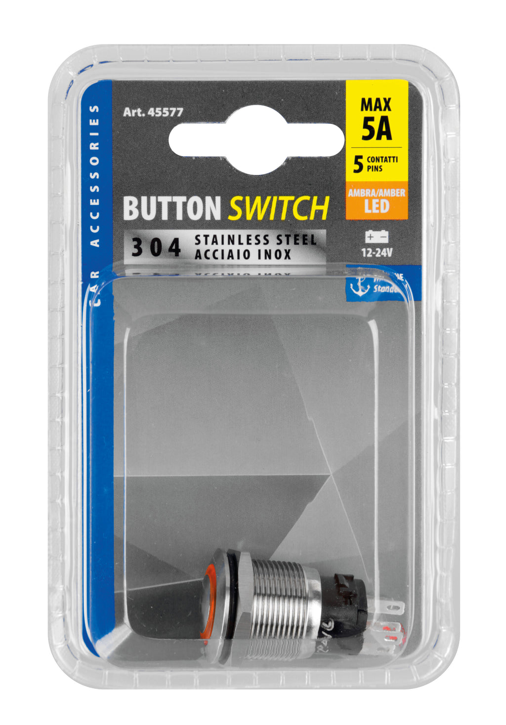 Interruttore a pulsante con spia a Led, 12/24V - Arancio