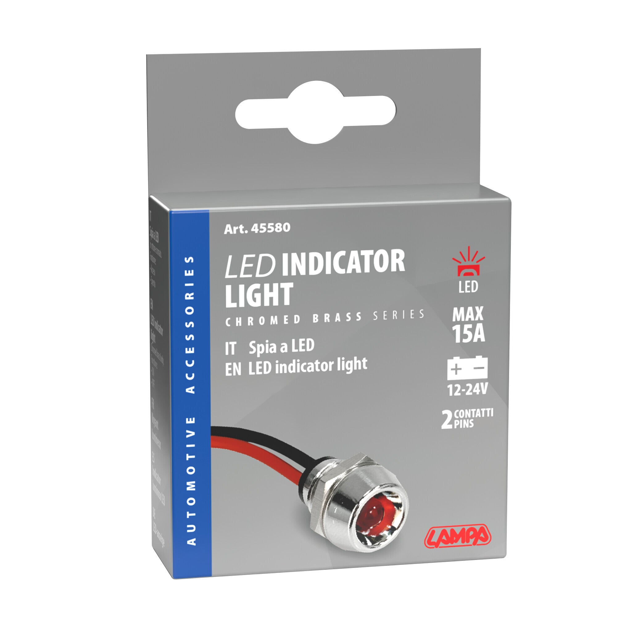 Spia a Led, in ottone cromato - 12/24V - Rosso - 15A