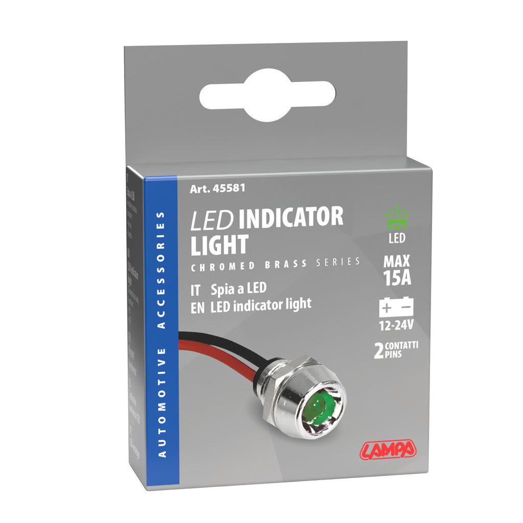 Spia a Led, in ottone cromato - 12/24V - Verde - 15A