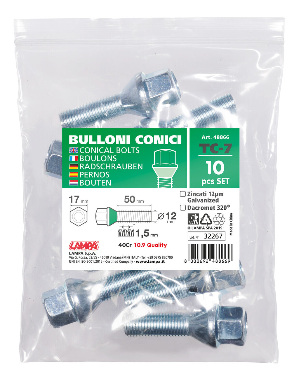 Set 10 bulloni conici corti - CC1 - Busta