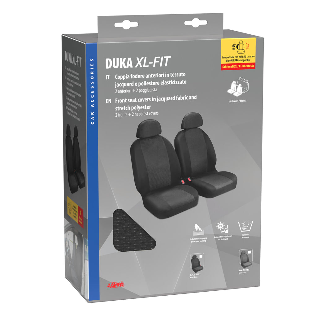 Duka XL-Fit, coppia coprisedili anteriori in tessuto jacquard e poliestere elasticizzati - Nero