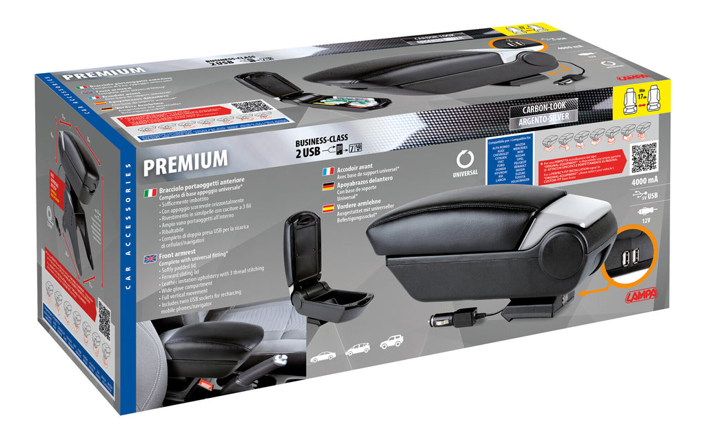 Premium, bracciolo 3 funzioni con doppio sistema di fissaggio e connessione USB, 12V - Carbon-Look