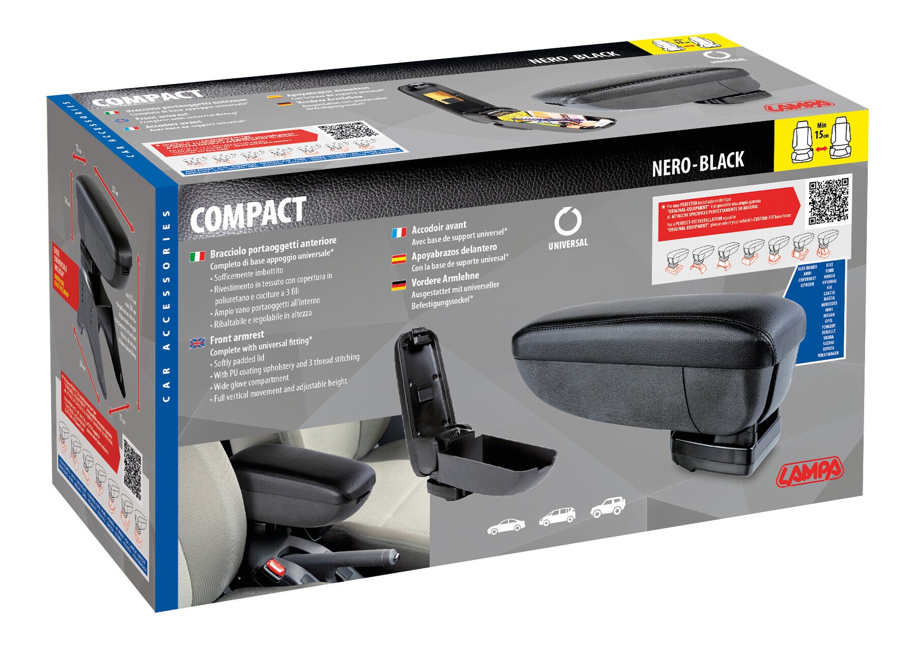Compact, bracciolo 3 funzioni con doppio sistema di fissaggio - Nero