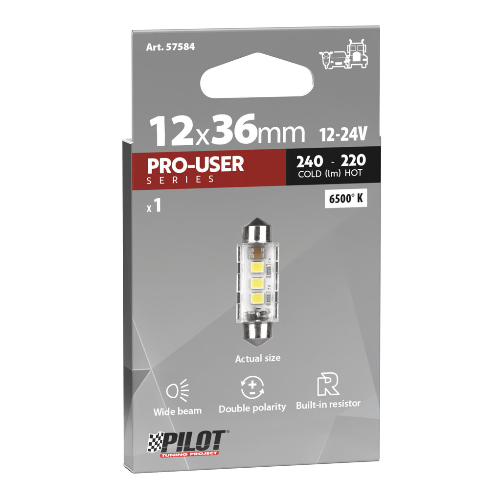 12/24V Pro-User Series - 12,5x36 mm - SV8,5-8 - 1 pz - Scatola - Bianco - Doppia polarità - Resistenza incorporata