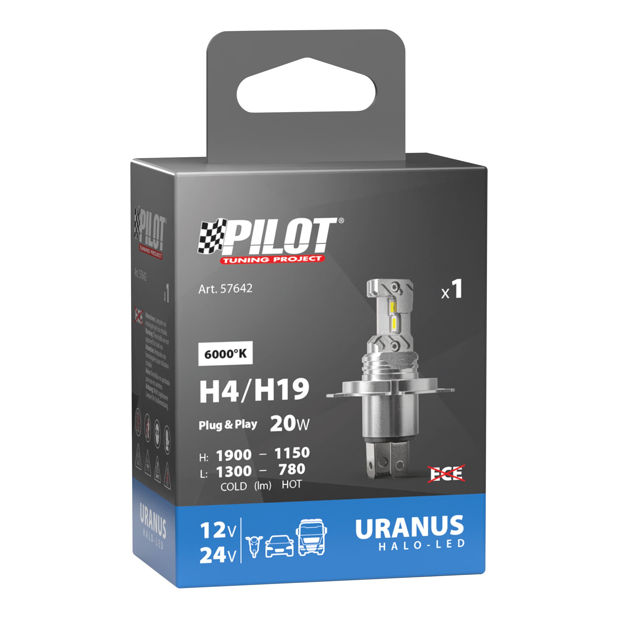 12/24V Halo Led Uranus Series, kit conversione a Led - (H4-H19) - 20W - P43t / PU43t-3 - 1 pz - Scatola