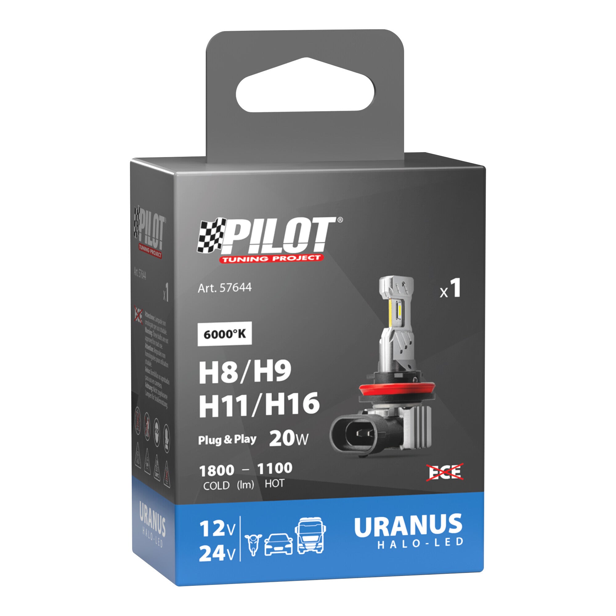 12/24V Halo Led Uranus Series, kit conversione a Led - (H8-H9-H11-H16) - 20W - PGJ19-X - 1 pz - Scatola