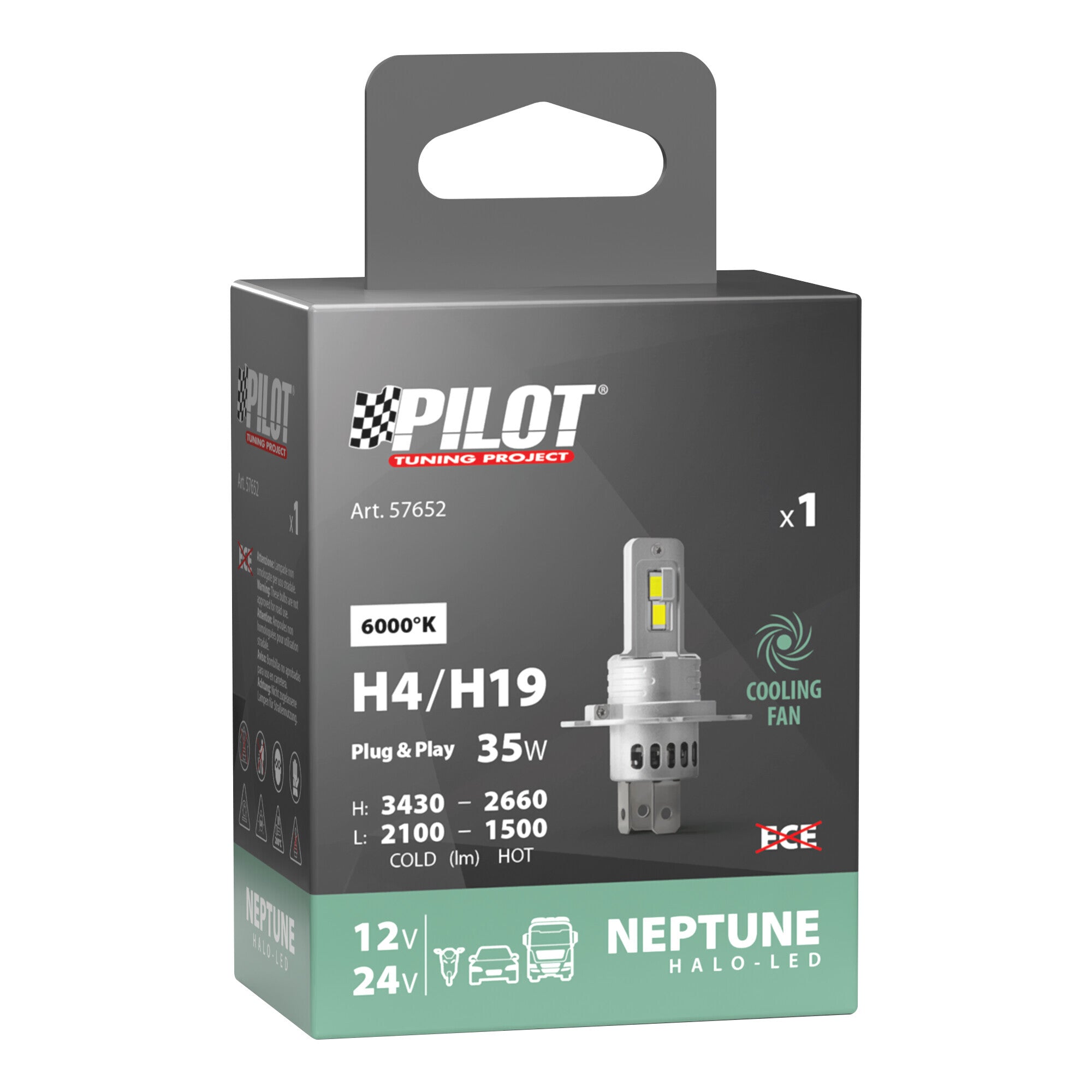 12/24V Halo Led Neptune Series, kit conversione a Led - (H4-H19) - 35W - P43t / PU43t-3 - 1 pz - Scatola