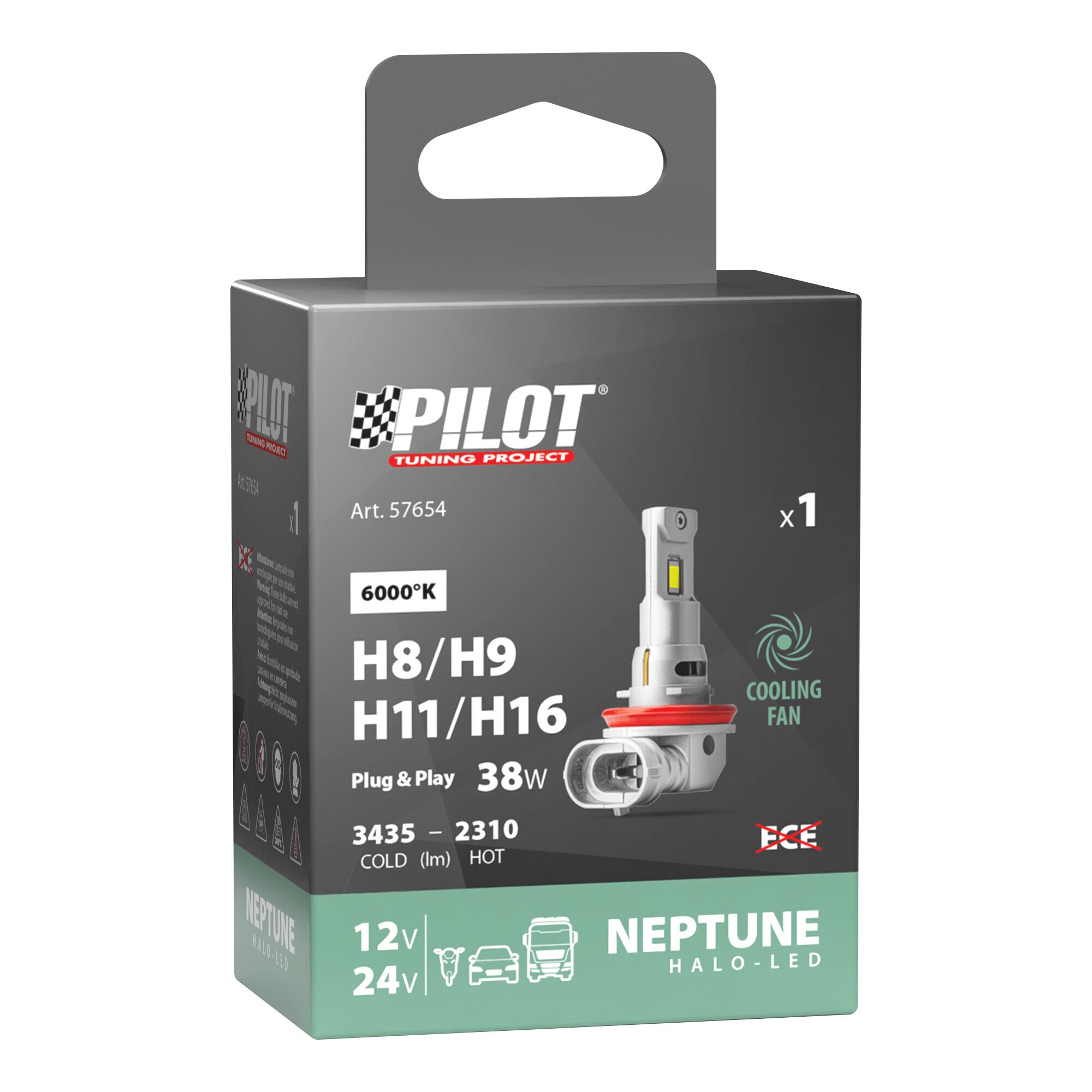 12/24V Halo Led Neptune Series, kit conversione a Led - (H8-H9-H11-H16) - 38W - PGJ19-X - 1 pz - Scatola