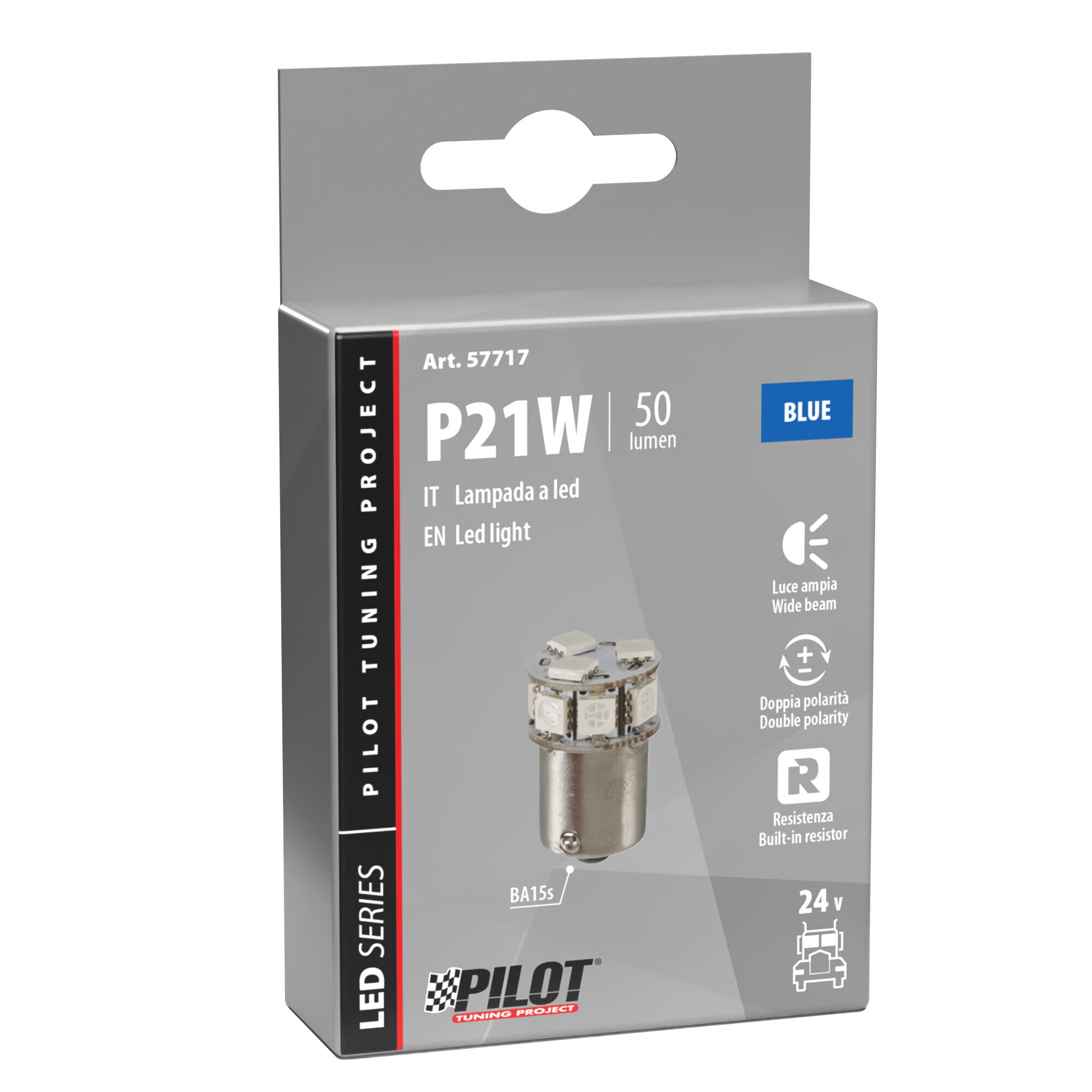 24V Led series - 10 SMD x 1 chip - (P21W) - BA15s - 1 pz - Scatola - Blu - Doppia polarità - Resistenza incorporata