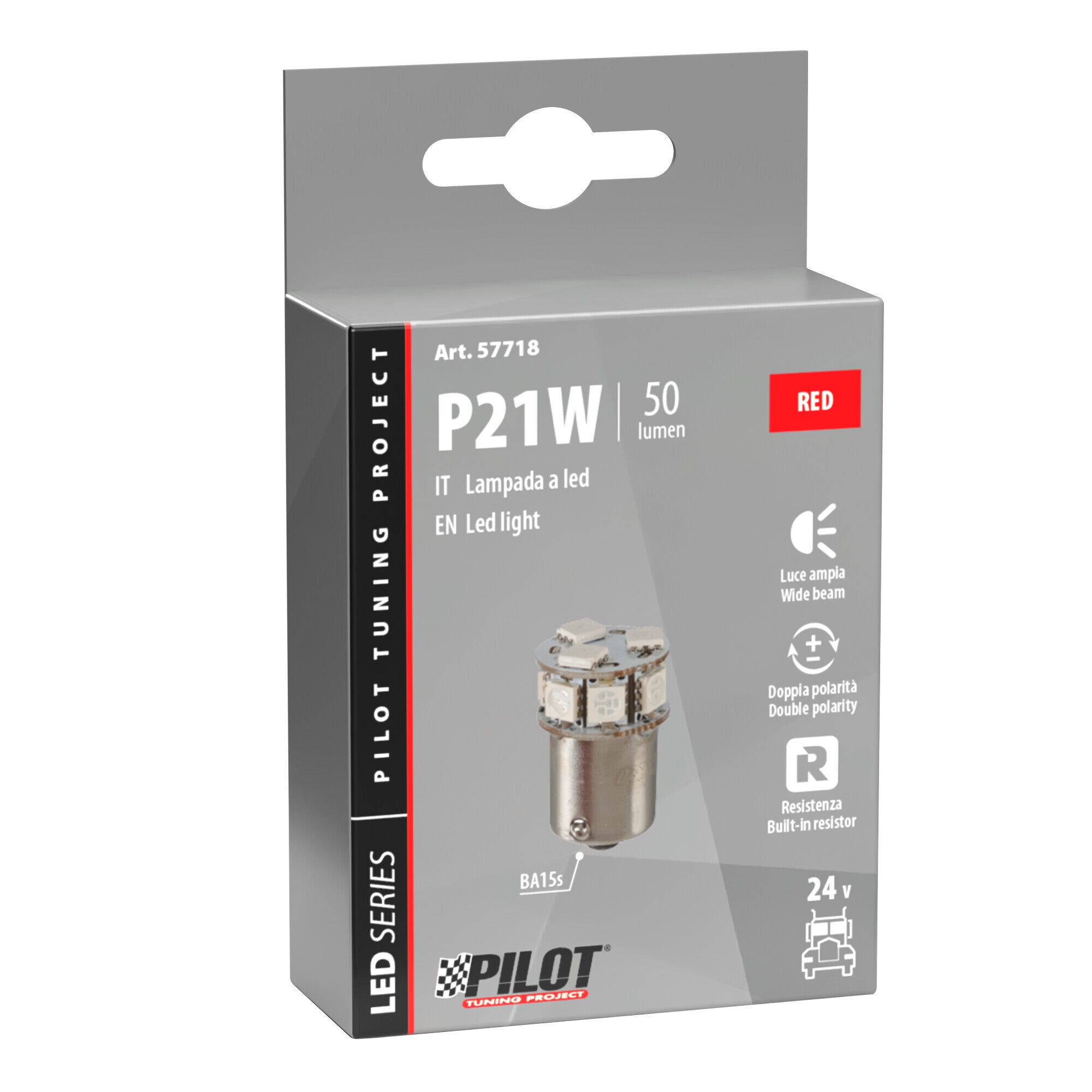 24V Led series - 10 SMD x 1 chip - (P21W) - BA15s - 1 pz - Scatola - Rosso - Doppia polarità - Resistenza incorporata