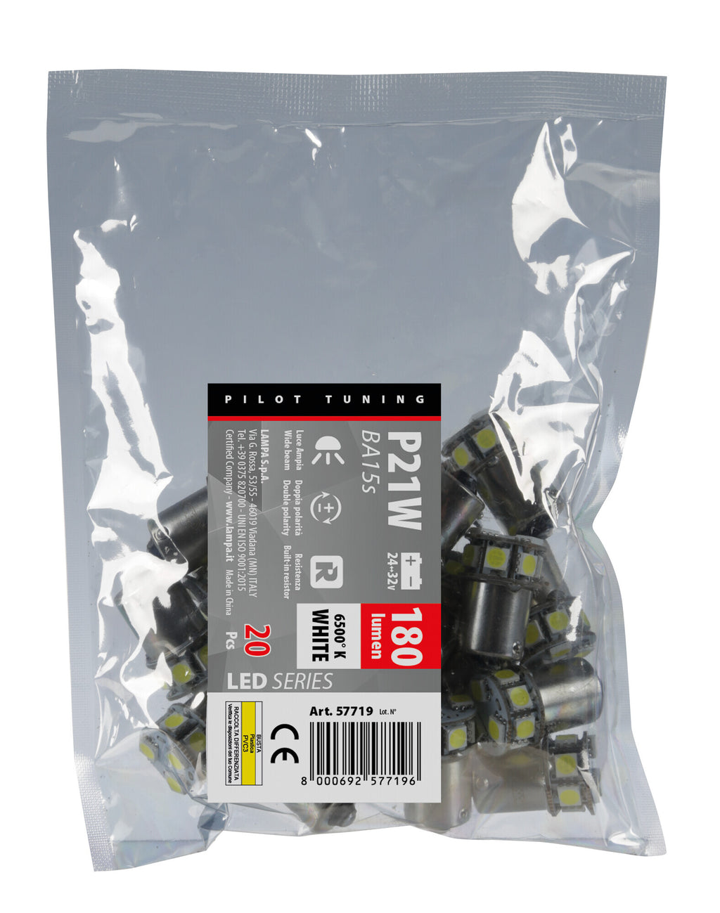 24V Led series - 10 SMD x 1 chip - (P21W) - BA15s - 20 pz - Busta - Bianco - Doppia polarità - Resistenza incorporata