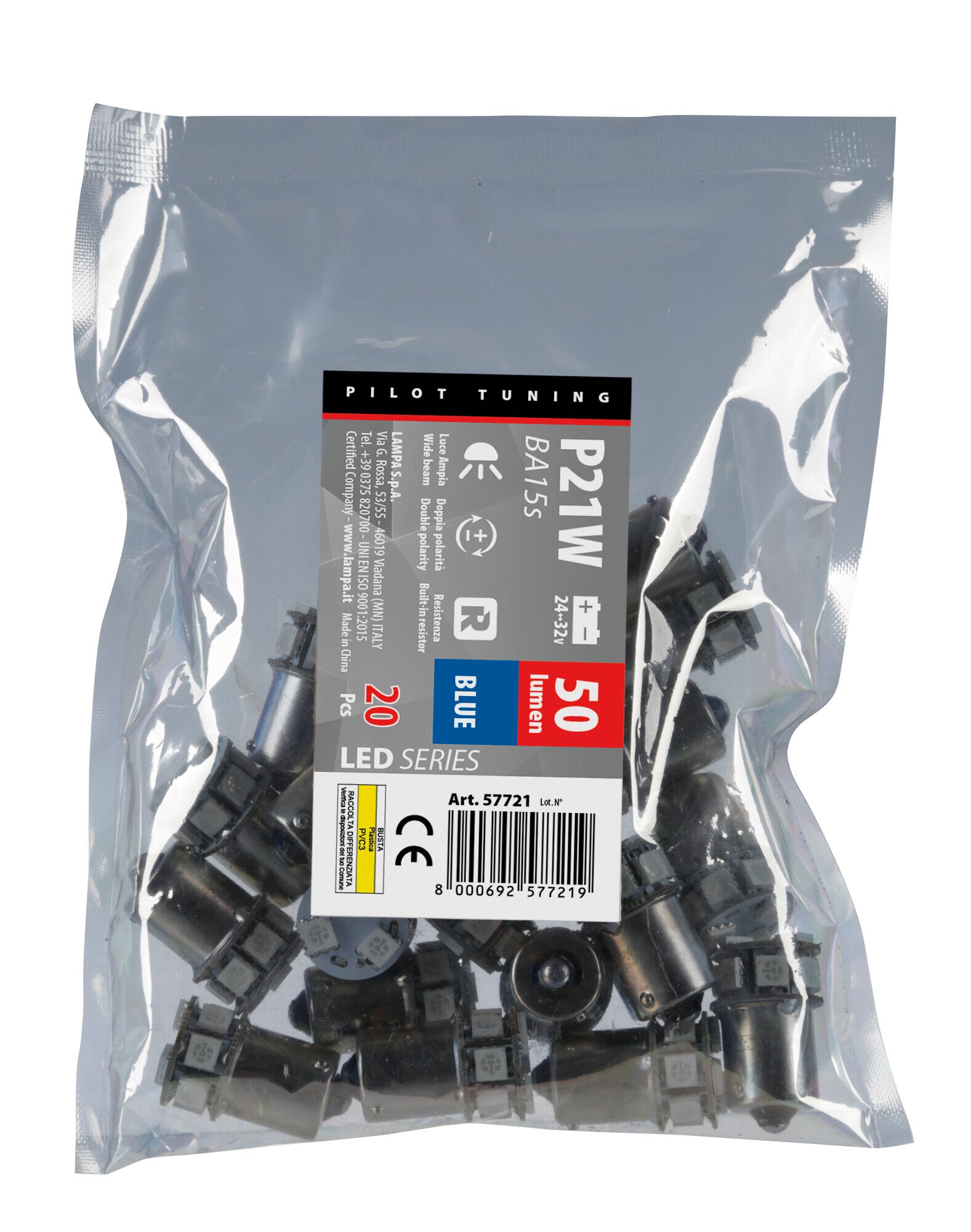 24V Led series - 10 SMD x 1 chip - (P21W) - BA15s - 20 pz - Scatola - Blu - Doppia polarità - Resistenza incorporata