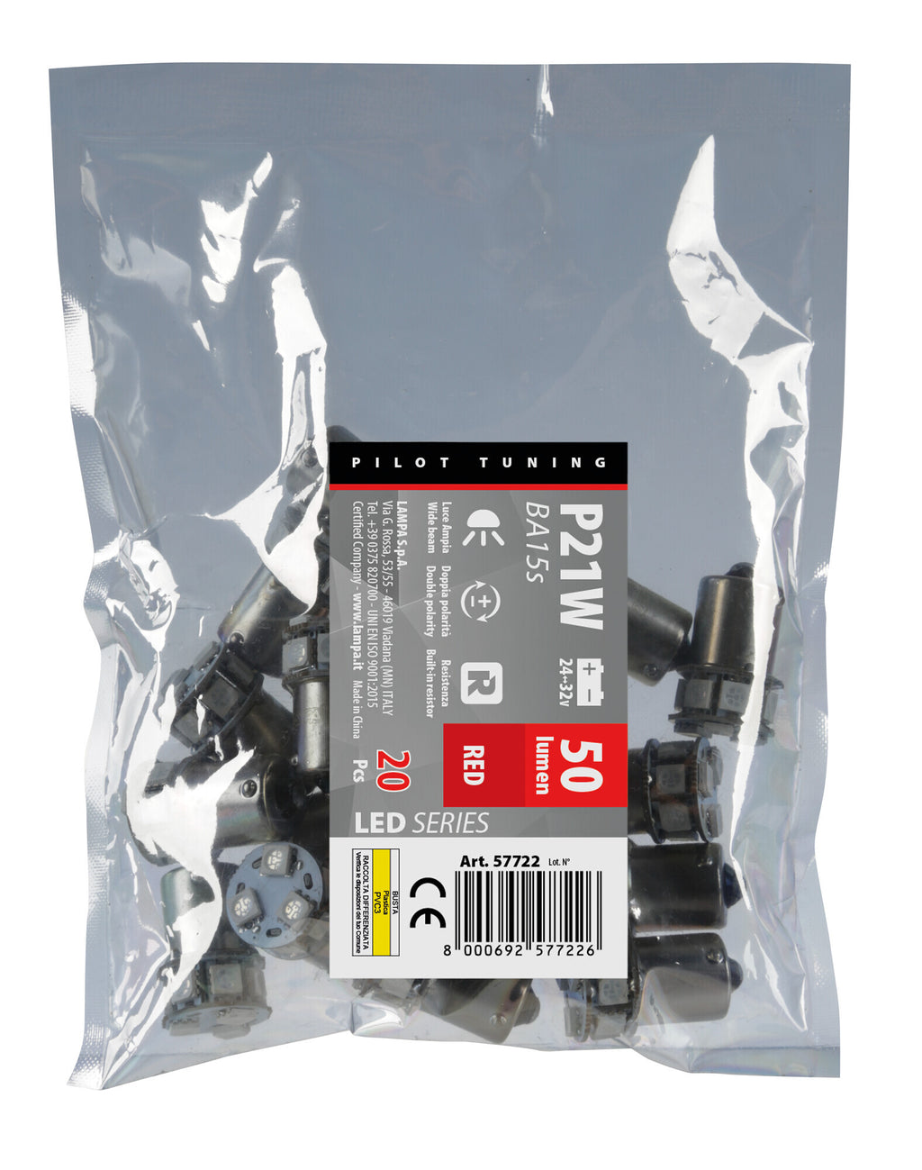 24V Led series - 10 SMD x 1 chip - (P21W) - BA15s - 20 pz - Scatola - Rosso - Doppia polarità - Resistenza incorporata