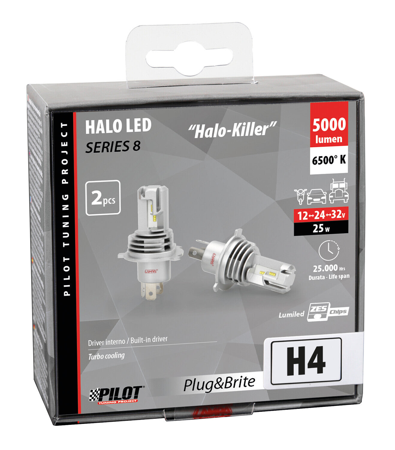 12/24V Halo Led Serie 8 Halo Killer - (H4) - 25W - P43t - 2 pz - Scatola