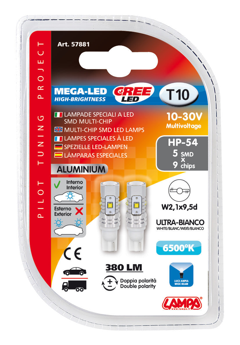 12/24V Mega-Led 45 - 5 SMD x 9 chips - (T10) - W2,1x9,5d - 2 pz - D/Blister - Bianco - Doppia polarità